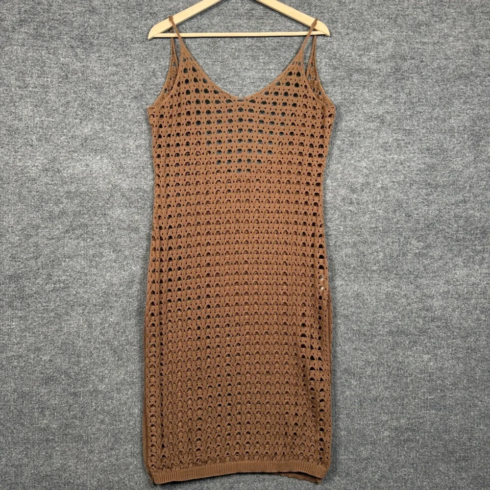Womens Size 1X Bodycon‎ Dress Brown Crochet Open Knit Cover Up Beach Pool Summer